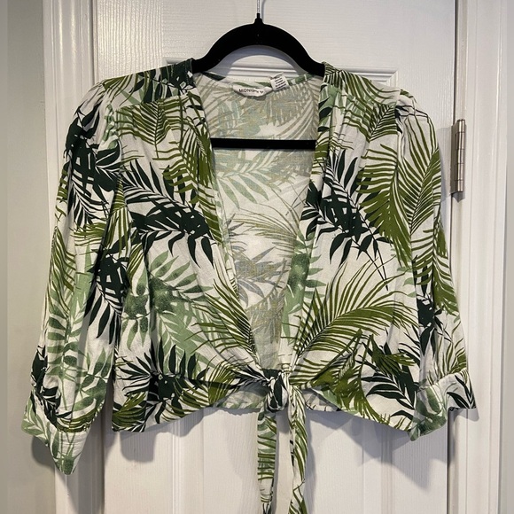 Midnight Sky Size M Tropical Palm Linen Blend Tie Front 3/4 Sleeve Crop Top - Picture 1 of 12